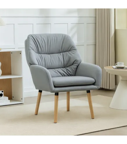 Sillón de Salón Moderno Acolchado de Doble Capa Tapizado en Cuero Sintético Patas de Madera 68x74x89 cm Gris