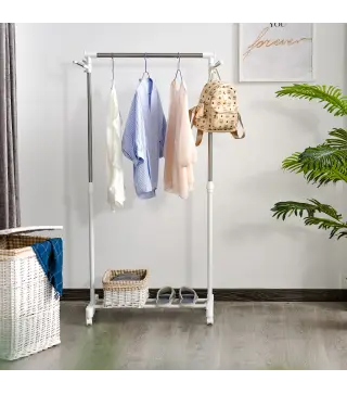 Estante de Ropa Perchero Estándar de Barra Altura Ajustable Portátil con Estante Inferior sobre Ruedas Tubería de Acero