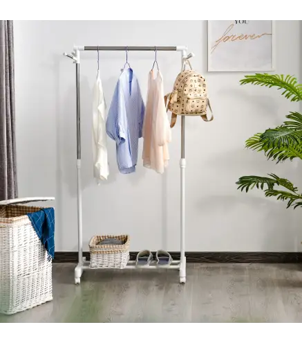 Estante de Ropa Perchero Estándar de Barra Altura Ajustable Portátil con Estante Inferior sobre Ruedas Tubería de Acero