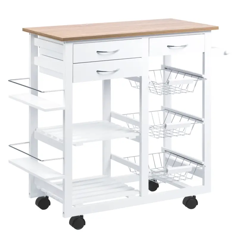 Carrito de Cocina Carro de Servicio Multifuncional con Cajones Cestas Estantes para Especias Toallero Ruedas 92x37x82 cm Blanco
