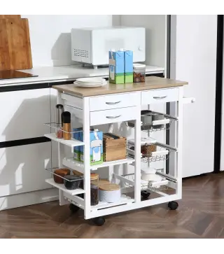 Carrito de Cocina Carro de Servicio Multifuncional con Cajones Cestas Estantes para Especias Toallero Ruedas 92x37x82 cm Blanco