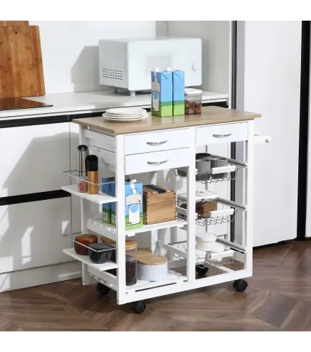 Carrito de Cocina Carro de Servicio Multifuncional con Cajones Cestas Estantes para Especias Toallero Ruedas 92x37x82 cm Blanco