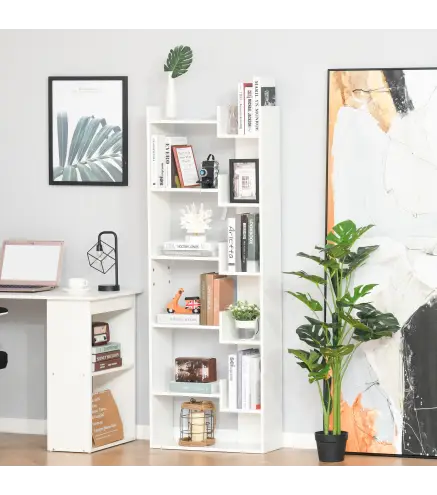 Estantería de 6 Niveles Librería Vertical de Forma Irregular Diseño Moderno Sistema Antivuelco 60x21x162,5 cm Blanco