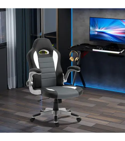 Silla de Oficina Ajustable Silla de Despacho con Reposabrazos Abatibles 5 Ruedas Carga 120 kg 65x69x112-122 cm Gris