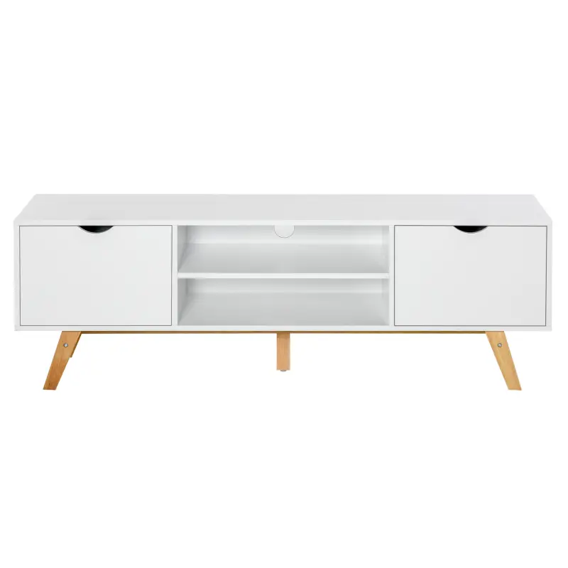 Mesa para Televisores de 65 Pulgadas Módulo TV con 2 Armarios 2 Estantes Abiertos y Patas de Madera 150x39x50 cm Blanco