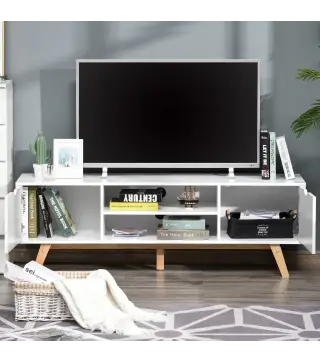 Mesa para Televisores de 65 Pulgadas Módulo TV con 2 Armarios 2 Estantes Abiertos y Patas de Madera 150x39x50 cm Blanco