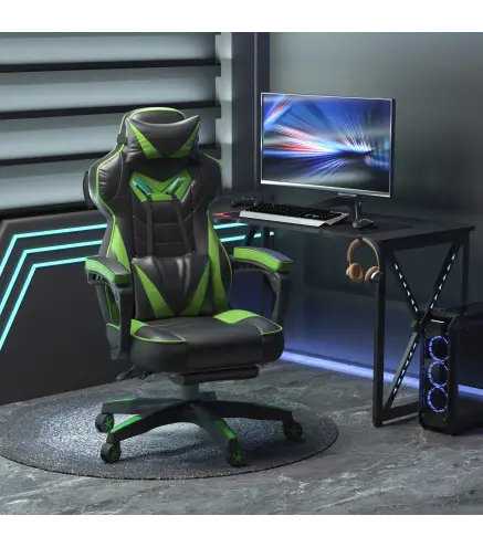 Silla Gaming Ergonómica Silla de Escritorio de Oficina Regulable en Altura Reclinable Respaldo con Reposapiés Reposacabezas Cojí