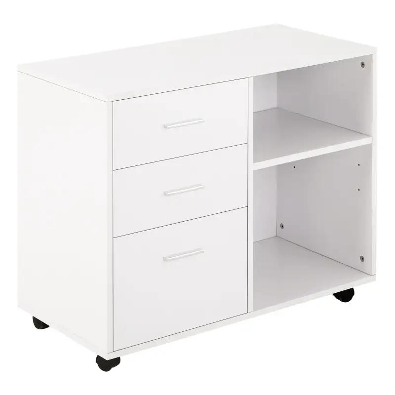 Armario de Oficina para Impresora Mueble Multifuncional con 3 Cajones Estantes y Ruedas 80x40x65 cm Blanco