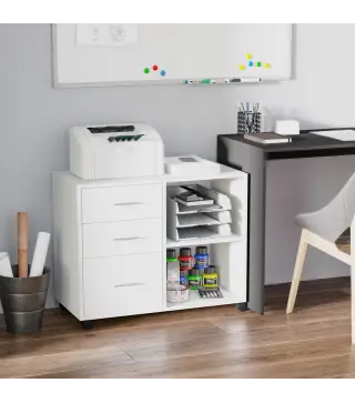 Armario de Oficina para Impresora Mueble Multifuncional con 3 Cajones Estantes y Ruedas 80x40x65 cm Blanco