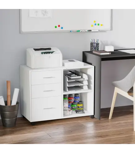 Armario de Oficina para Impresora Mueble Multifuncional con 3 Cajones Estantes y Ruedas 80x40x65 cm Blanco