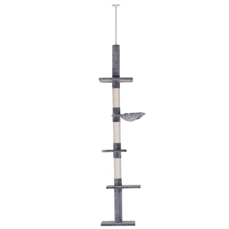 Árbol para Gatos de Suelo al Techo de 230-260 cm con Altura Ajustable Plataformas Hamaca y Postes de Sisal Gris