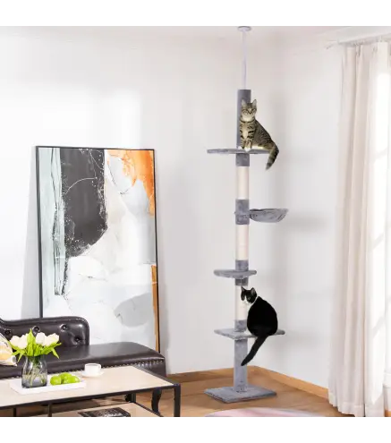 Árbol para Gatos de Suelo al Techo de 230-260 cm con Altura Ajustable Plataformas Hamaca y Postes de Sisal Gris