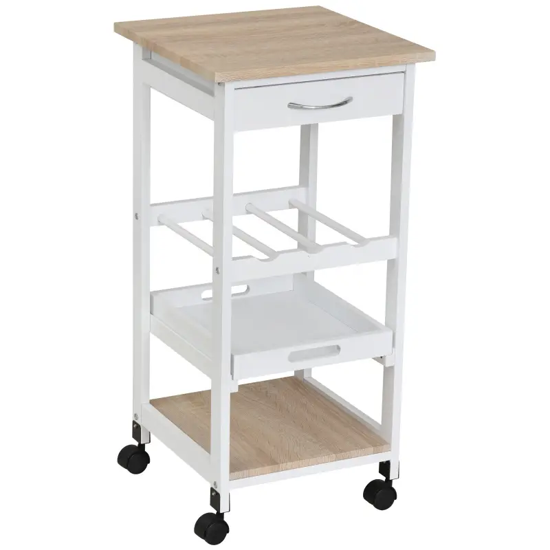 Carrito de Cocina Carro de Servicio Multifuncional de 4 Niveles con Ruedas Cajón Estantes y Botellero 37x37x76 cm Blanco