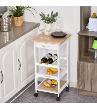 Carrito de Cocina Carro de Servicio Multifuncional de 4 Niveles con Ruedas Cajón Estantes y Botellero 37x37x76 cm Blanco