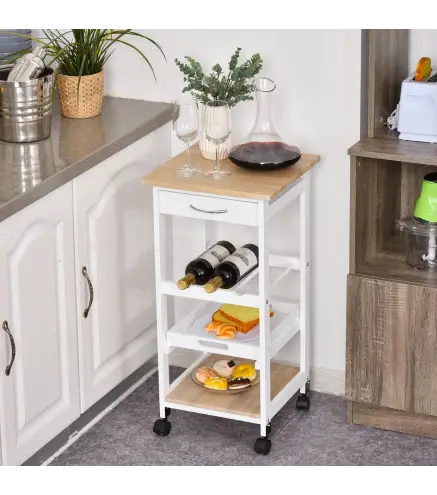 Carrito de Cocina Carro de Servicio Multifuncional de 4 Niveles con Ruedas Cajón Estantes y Botellero 37x37x76 cm Blanco