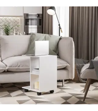 Mesita Auxiliar con Ruedas Mesa para Sofá en Forma de C con Estantes Abiertos para Salón 45x35x58 cm Blanco