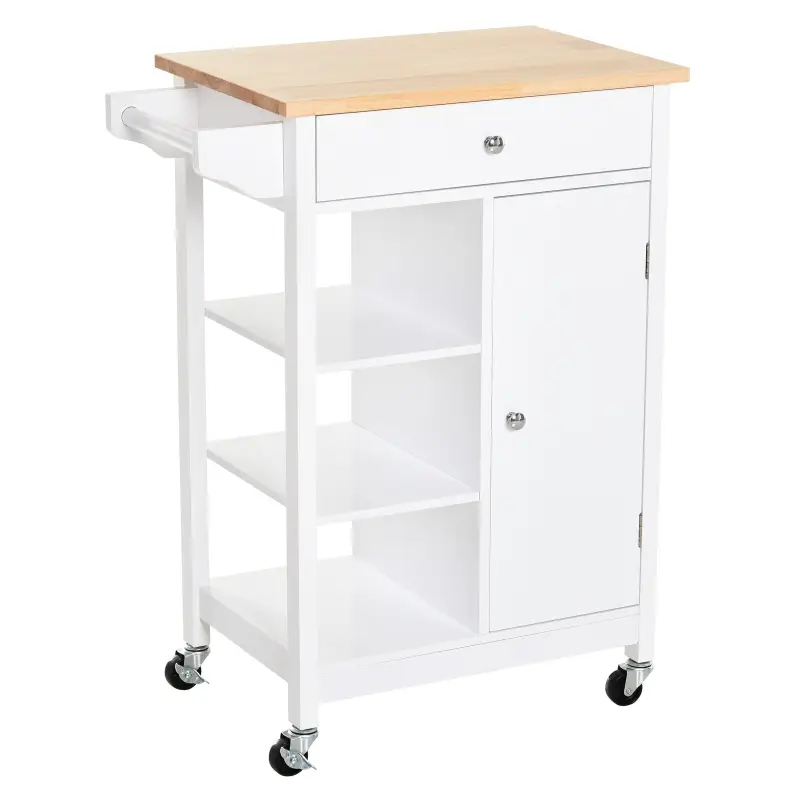 Carrito de Cocina Carro Auxiliar con Ruedas 1 Cajón 1 Armario 3 Estantes Abiertos de Almacenamiento para Comedor 66x39,5x86,5 cm