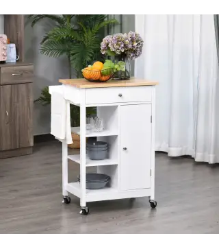 Carrito de Cocina Carro Auxiliar con Ruedas 1 Cajón 1 Armario 3 Estantes Abiertos de Almacenamiento para Comedor 66x39,5