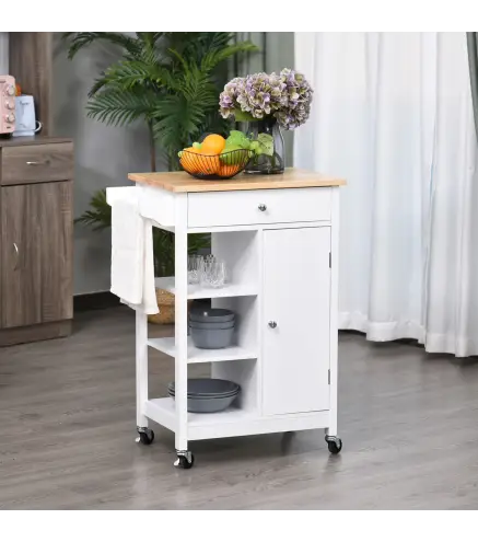 Carrito de Cocina Carro Auxiliar con Ruedas 1 Cajón 1 Armario 3 Estantes Abiertos de Almacenamiento para Comedor 66x39,5x86,5 cm
