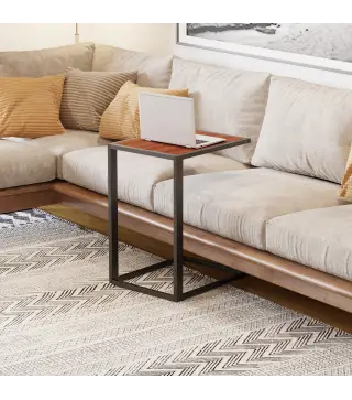 Mesita Auxiliar Pequeña Mesa para Sofá en Forma de C Estructura de Metal y Tablero de Madera MDF 40,6x50,8x64,2 cm Nogal
