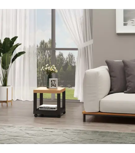 Mesa Auxiliar con Ruedas Estante Abierto Mesa para Sofá Sala Dormitorio 40x40x40 cm Natural y Negro