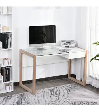 Mesa de Ordenador Mesa de Escritorio Diseño Moderno con Tablero de Vidrio Templado Cajón Combinación de Estilos para Oficina Est