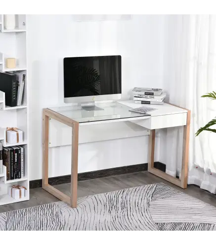 Mesa de Ordenador Mesa de Escritorio Diseño Moderno con Tablero de Vidrio Templado Cajón Combinación de Estilos para Oficina Est