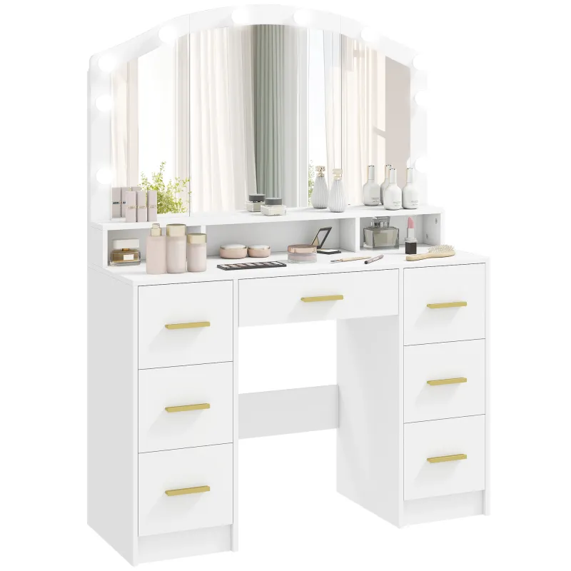 Tocador de Maquillaje con Luces LED de 3 Colores Tocador con Espejo 7 Cajones y 3 Compartimentos Blanco