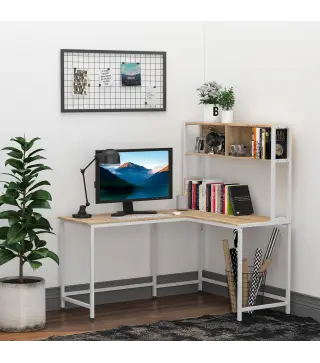 Escritorio en Forma de L Multifuncional Mesa para Oficina o Estudio con Estantes Altos Espacio Amplio Moderno y Minimalista 140x