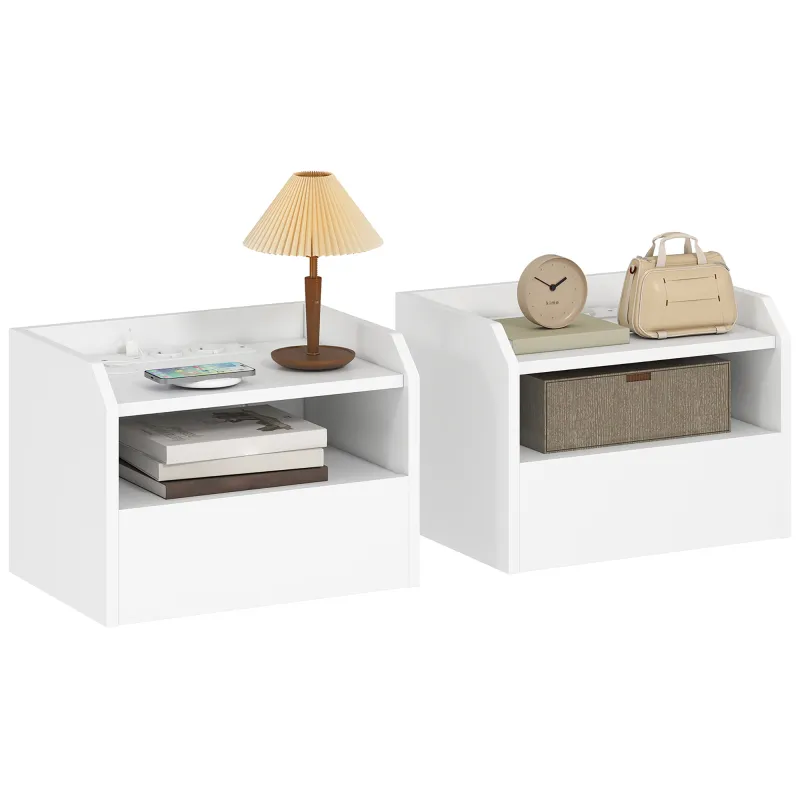 Juego de 2 Mesitas de Noche Flotantes con Estación de Carga Cajón Estante Abierto 40x29x29 cm Blanco