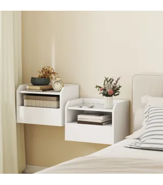 Juego de 2 Mesitas de Noche Flotantes con Estación de Carga Cajón Estante Abierto 40x29x29 cm Blanco