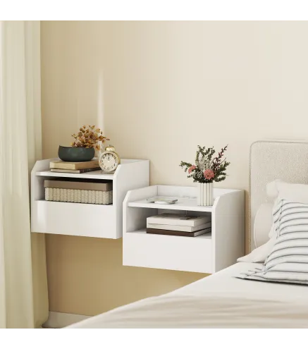 Juego de 2 Mesitas de Noche Flotantes con Estación de Carga Cajón Estante Abierto 40x29x29 cm Blanco