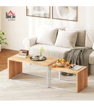 Juego de 2 Mesas de Centro Mesa Nido Moderna Marco de Metal para Salón 90x48x42 cm y 59x42x36 cm Natural y Blanco
