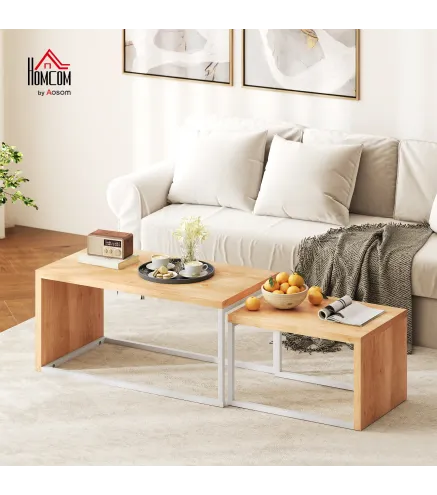 Juego de 2 Mesas de Centro Mesa Nido Moderna Marco de Metal para Salón 90x48x42 cm y 59x42x36 cm Natural y Blanco