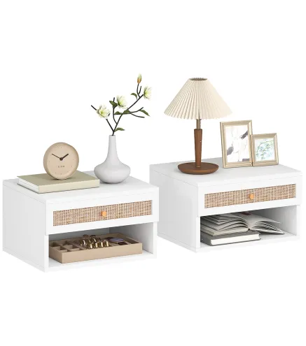 Juego de Mesitas de Noche Flotantes con Cajón de Ratán y Estante Abierto para Dormitorio 40x34x23cm Blanco