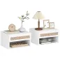Juego de Mesitas de Noche Flotantes con Cajón de Ratán y Estante Abierto para Dormitorio 40x34x23cm Blanco