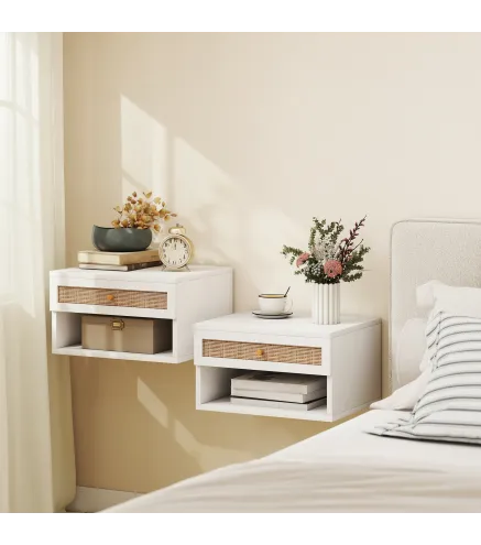 Juego de Mesitas de Noche Flotantes con Cajón de Ratán y Estante Abierto para Dormitorio 40x34x23cm Blanco