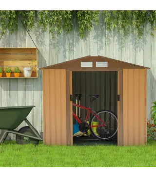 Caseta de Jardín 213x130x185 cm Cobertizo Metálico de Exterior para Almacenamiento de Herramientas Caqui