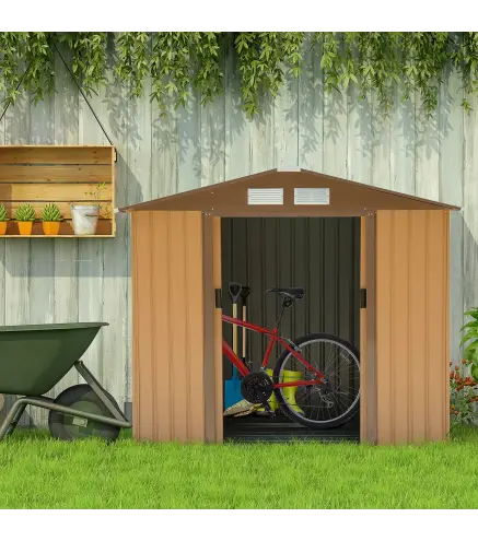 Caseta de Jardín 213x130x185 cm Cobertizo Metálico de Exterior para Almacenamiento de Herramientas Caqui