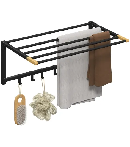 Toallero de Baño de Pared Toallero Plegable con 5 Barras y 6 Ganchos para Toallas Baño 60 cm Negro