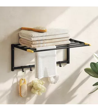 Toallero de Baño de Pared Toallero Plegable con 5 Barras y 6 Ganchos para Toallas Baño 60 cm Negro