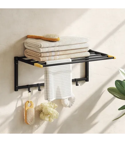 Toallero de Baño de Pared Toallero Plegable con 5 Barras y 6 Ganchos para Toallas Baño 60 cm Negro