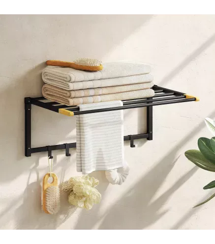 Toallero de Baño de Pared Toallero Plegable con 5 Barras y 6 Ganchos para Toallas Baño 60 cm Negro