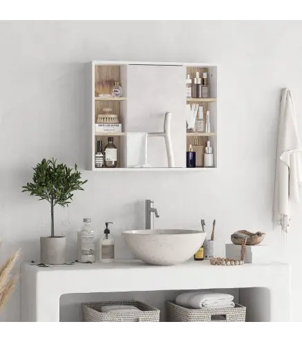 Armario Espejo con Espacio Interno con Estantes Ajustables Armario de Baño Montado en la Pared con Estantes Abiertos 60x14,5x49,