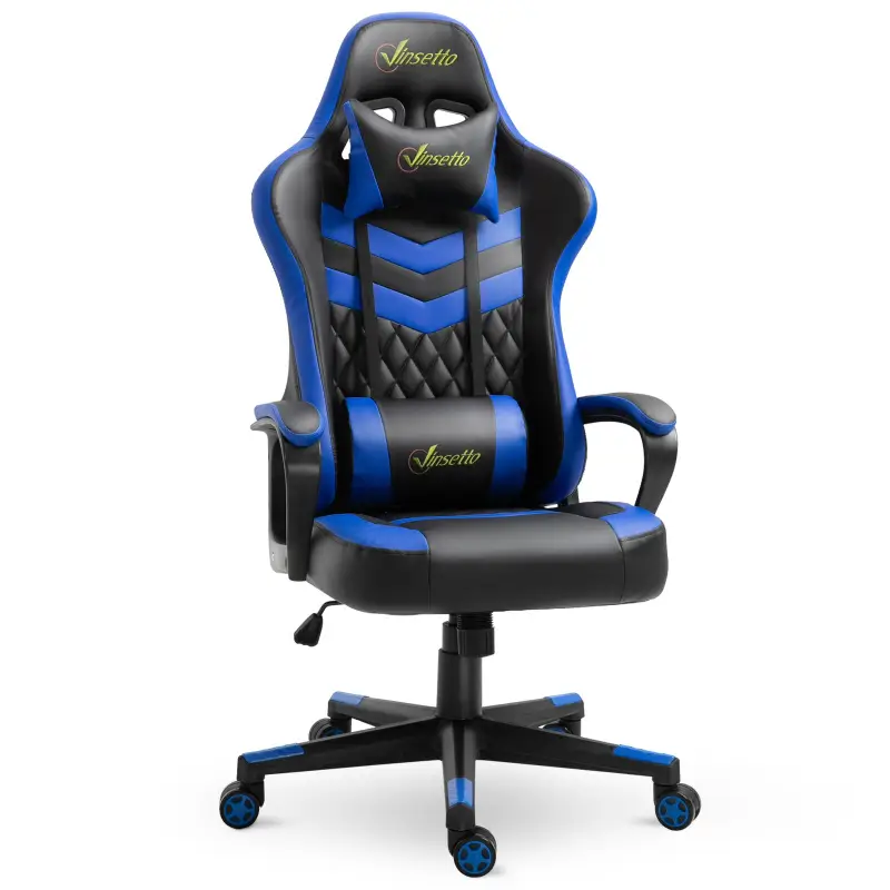 Silla Gaming Altura Regulable Basculante con Reposacabezas Cojín Lumbar 61x70x121-129 cm Azul
