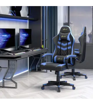 Silla Gaming Altura Regulable Basculante con Reposacabezas Cojín Lumbar 61x70x121-129 cm Azul