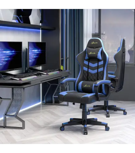Silla Gaming Altura Regulable Basculante con Reposacabezas Cojín Lumbar 61x70x121-129 cm Azul
