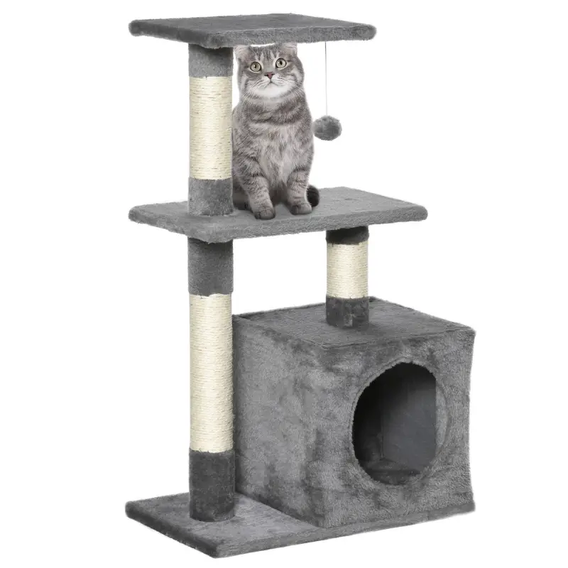 Árbol Rascador para Gatos 81,5 cm Torre para Gatos con Postes de Sisal 2 Plataformas Cueva y Bola Colgante Estilo Elegan
