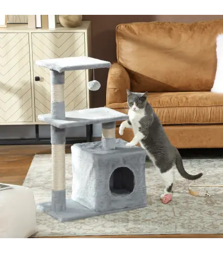 Árbol Rascador para Gatos 81,5 cm Torre para Gatos con Postes de Sisal 2 Plataformas Cueva y Bola Colgante Estilo Elegan