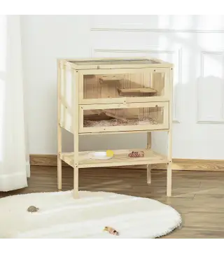 Jaula de Madera para Hámster Ratones Casa de Juegos con 5 Plataformas Rampa Techo Abatible Ventana Cristal Plástico y Estante In